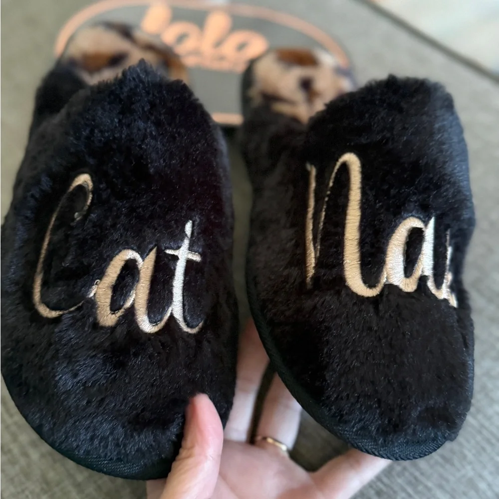 Women Slippers, New House Shoes, Black Brown Gold Embroidered Cat Nap Slippers